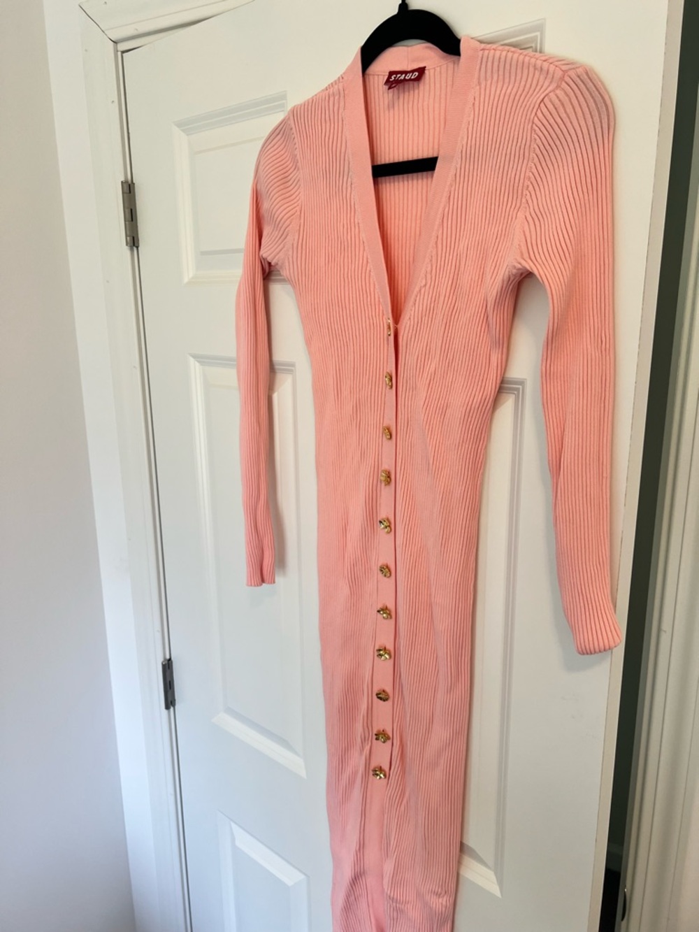 STAUD shoko Pink Ribbed Button-Down Midi Cardigan dress